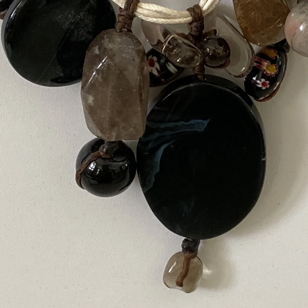 Polished Stone and Millefiori Flower Glass bead necklace rustic